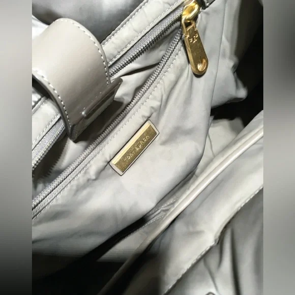 Tory Burch Nylon Ella Puffer Tote Handbag Taupe Gray - Picture 11 of 16